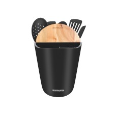 Набор 7 в 1 Samura: подставка для ножей и аксессуаров (полипропилен), разд. доска (древесина акации), 5 кух. акс-в (силикон, нерж. сталь), цвет чёрный