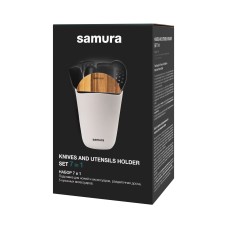 Набор 7 в 1 Samura: подставка для ножей и аксессуаров (полипропилен), разд. доска (древесина акации), 5 кух. акс-в (силикон, нерж. сталь), цвет бежевый